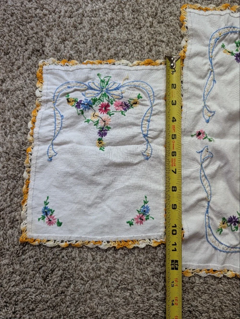 Embroidered Floral Bow Linen Napkin Set with Yellow Crochet Trim Hand‎ Made